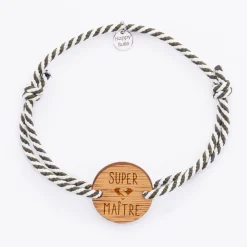 Bracelet homme personnalisé cordon marin tressé médaille gravée bois ronde 2 trous 21 mm - Edition spéciale "Super Maître"