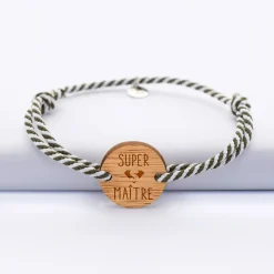 Bracelet homme personnalisé cordon marin tressé médaille gravée bois ronde 2 trous 21 mm - Edition spéciale 