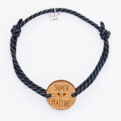 Bracelet homme personnalisé cordon marin tressé médaille gravée bois ronde 2 trous 21 mm - Edition spéciale 
