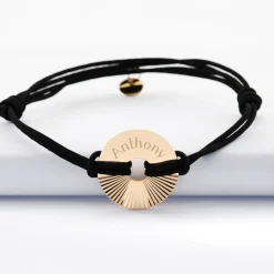 Bracelet homme personnalisé cordon double médaille gravée plaqué or cible soleil 20 mm