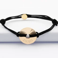 Bracelet homme personnalisé cordon double médaille gravée plaqué or cible soleil 20 mm