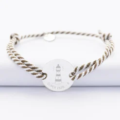 Bracelet homme personnalisé cordon marin tressé médaille gravée argent 2 trous 20 mm - Edition spéciale Marin