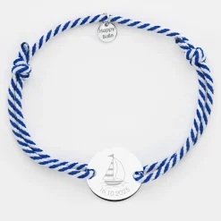 Bracelet homme personnalisé cordon marin tressé médaille gravée argent 2 trous 20 mm - Edition spéciale Marin