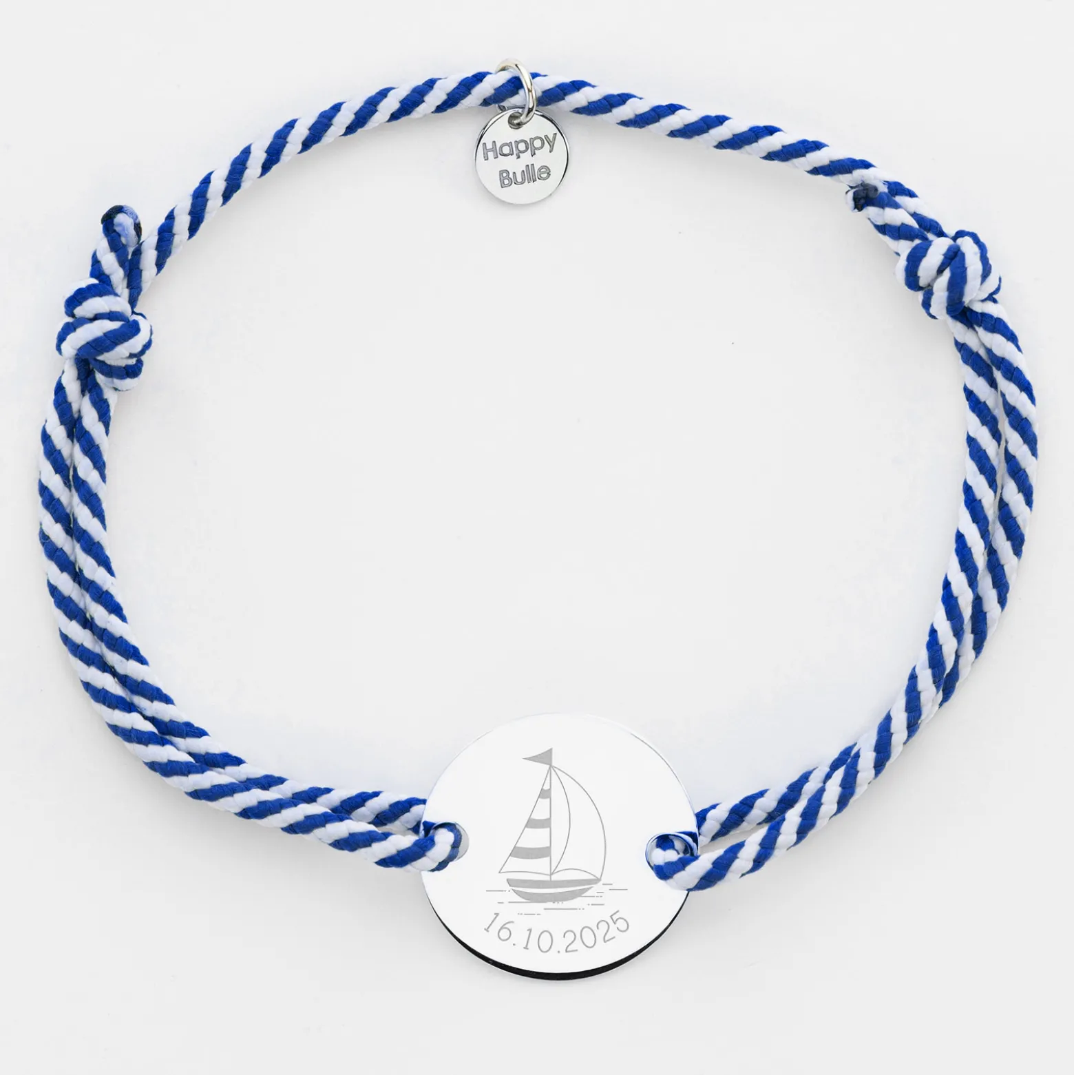 Bracelet homme personnalisé cordon marin tressé médaille gravée argent 2 trous 20 mm - Edition spéciale Marin