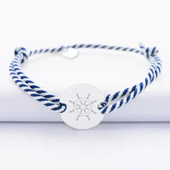 Bracelet homme personnalisé cordon marin tressé médaille gravée argent 2 trous 20 mm - Edition spéciale Marin