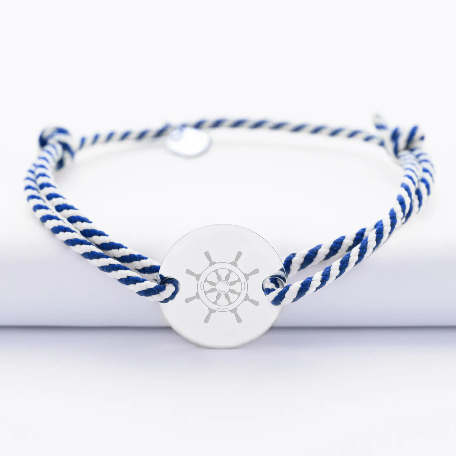 Bracelet homme personnalisé cordon marin tressé médaille gravée argent 2 trous 20 mm - Edition spéciale Marin