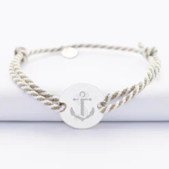 Bracelet homme personnalisé cordon marin tressé médaille gravée argent 2 trous 20 mm - Edition spéciale Marin