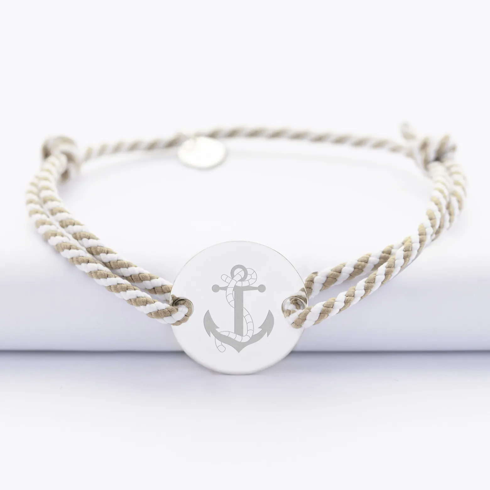 Bracelet homme personnalisé cordon marin tressé médaille gravée argent 2 trous 20 mm - Edition spéciale Marin