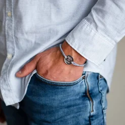 Bracelet homme personnalisé cordon marin tressé médaille gravée argent 2 trous 20 mm