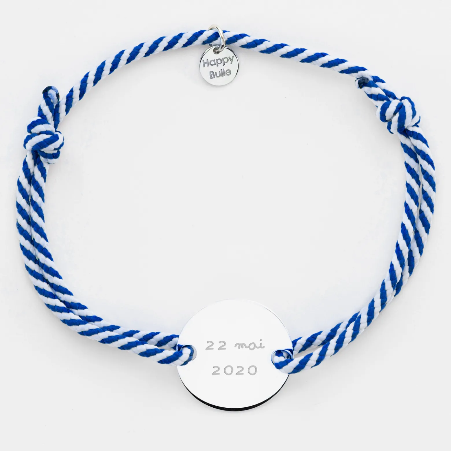 Bracelet homme personnalisé cordon marin tressé médaille gravée argent 2 trous 20 mm