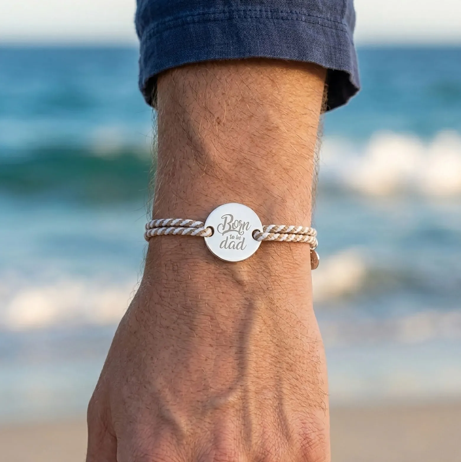 Bracelet homme personnalisé cordon marin tressé médaille gravée argent 2 trous 20 mm