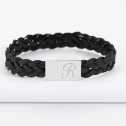Bracelet homme personnalisé cuir tressé fermoir gravé acier 15x15 mm - Nos petits imparfaits