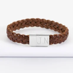 Bracelet homme personnalisé cuir tressé fermoir gravé acier 15x15 mm - Nos petits imparfaits
