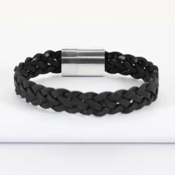 Bracelet homme personnalisé cuir tressé fermoir gravé acier 15x15 mm - Nos petits imparfaits
