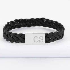 Bracelet homme personnalisé cuir tressé fermoir gravé acier 15x15 mm - Nos petits imparfaits