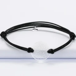 Bracelet homme personnalisé cordon double médaille gravée acrylique ronde 2 trous 21 mm 