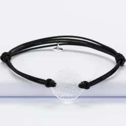 Bracelet homme personnalisé cordon double médaille gravée acrylique ronde 2 trous 21 mm 