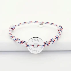Bracelet homme personnalisé cordage BLEU BLANC ROUGE médaille gravée argent cible 20 mm