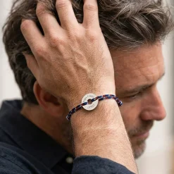 Bracelet homme personnalisé cordage BLEU BLANC ROUGE médaille gravée argent cible 20 mm