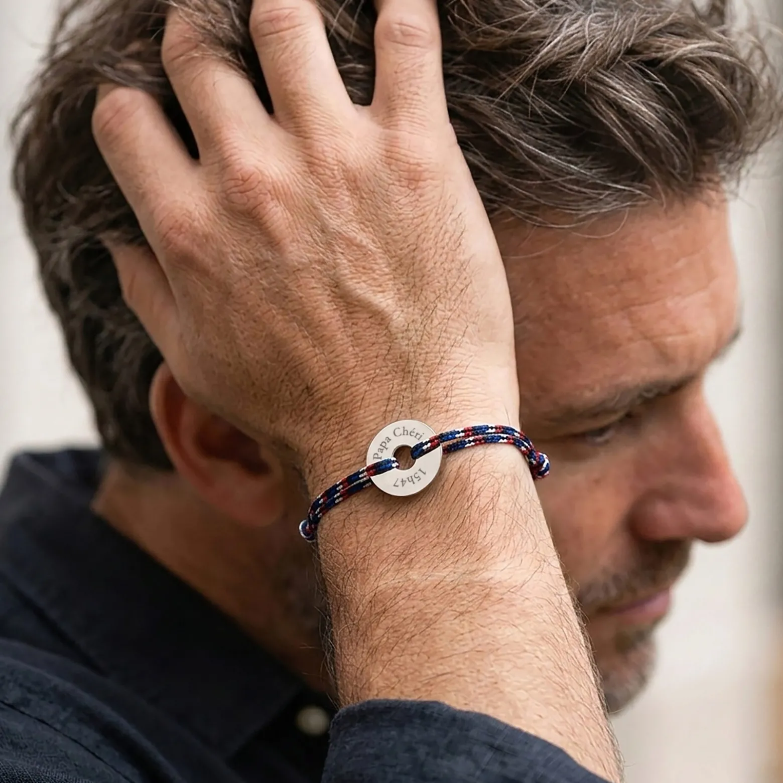 Bracelet homme personnalisé cordage BLEU BLANC ROUGE médaille gravée argent cible 20 mm