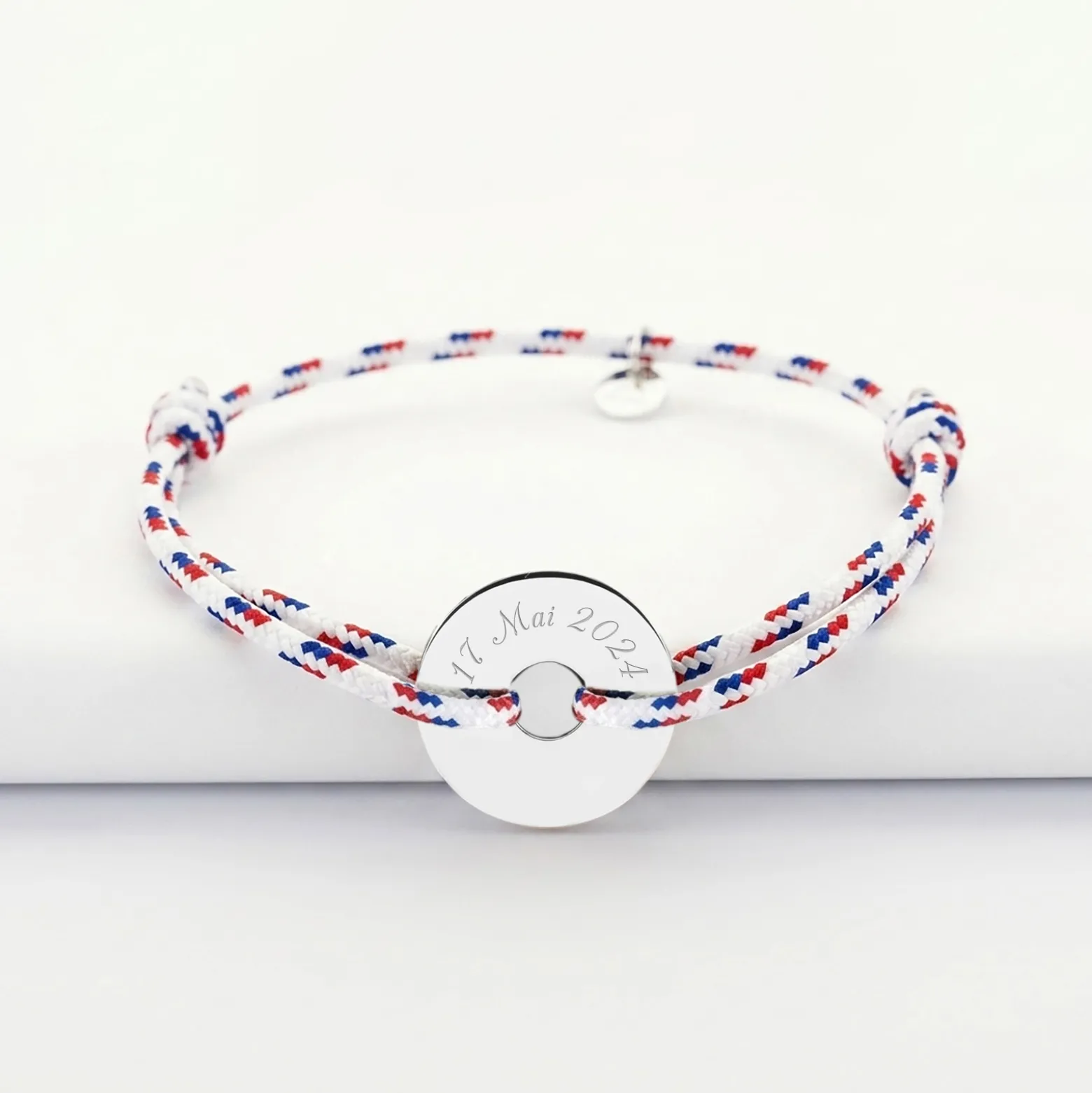Bracelet homme personnalisé cordage BLEU BLANC ROUGE médaille gravée argent cible 20 mm