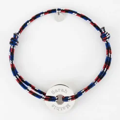 Bracelet homme personnalisé cordage BLEU BLANC ROUGE médaille gravée argent cible 20 mm