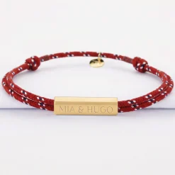 Bracelet homme personnalisé cordage marin double médaille gravée acier doré cube rectangulaire 25x5x5 mm