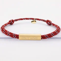 Bracelet homme personnalisé cordage marin double médaille gravée acier doré cube rectangulaire 25x5x5 mm