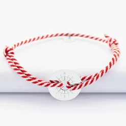 Bracelet homme personnalisé cordon tressé marin médaille gravée argent cible 20 mm - Edition spéciale Rose des vents