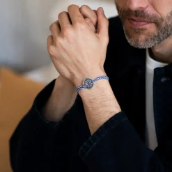 Bracelet homme personnalisé cordon tressé marin médaille gravée argent cible 20 mm - Edition spéciale Rose des vents