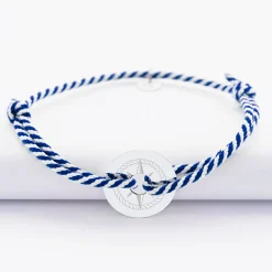Bracelet homme personnalisé cordon tressé marin médaille gravée argent cible 20 mm - Edition spéciale Rose des vents