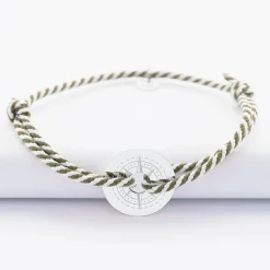 Bracelet homme personnalisé cordon tressé marin médaille gravée argent cible 20 mm - Edition spéciale Rose des vents