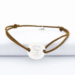 Bracelet homme personnalisé cordon cuir simple médaille gravée argent 2 trous 20 mm