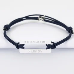 Bracelet homme personnalisé cordon double médaille gravée acier rectangle évidé 32x14 mm