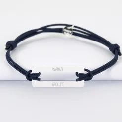 Bracelet homme personnalisé cordon double médaille gravée acier rectangle évidé 32x14 mm