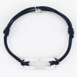Bracelet homme personnalisé cordon double médaille gravée acier rectangle évidé 32x14 mm