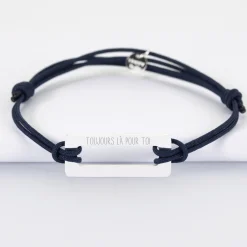 Bracelet homme personnalisé cordon double médaille gravée acier rectangle évidé 32x14 mm