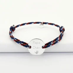 Bracelet homme personnalisé cordage BLEU BLANC ROUGE médaille gravée argent 2 trous 20 mm