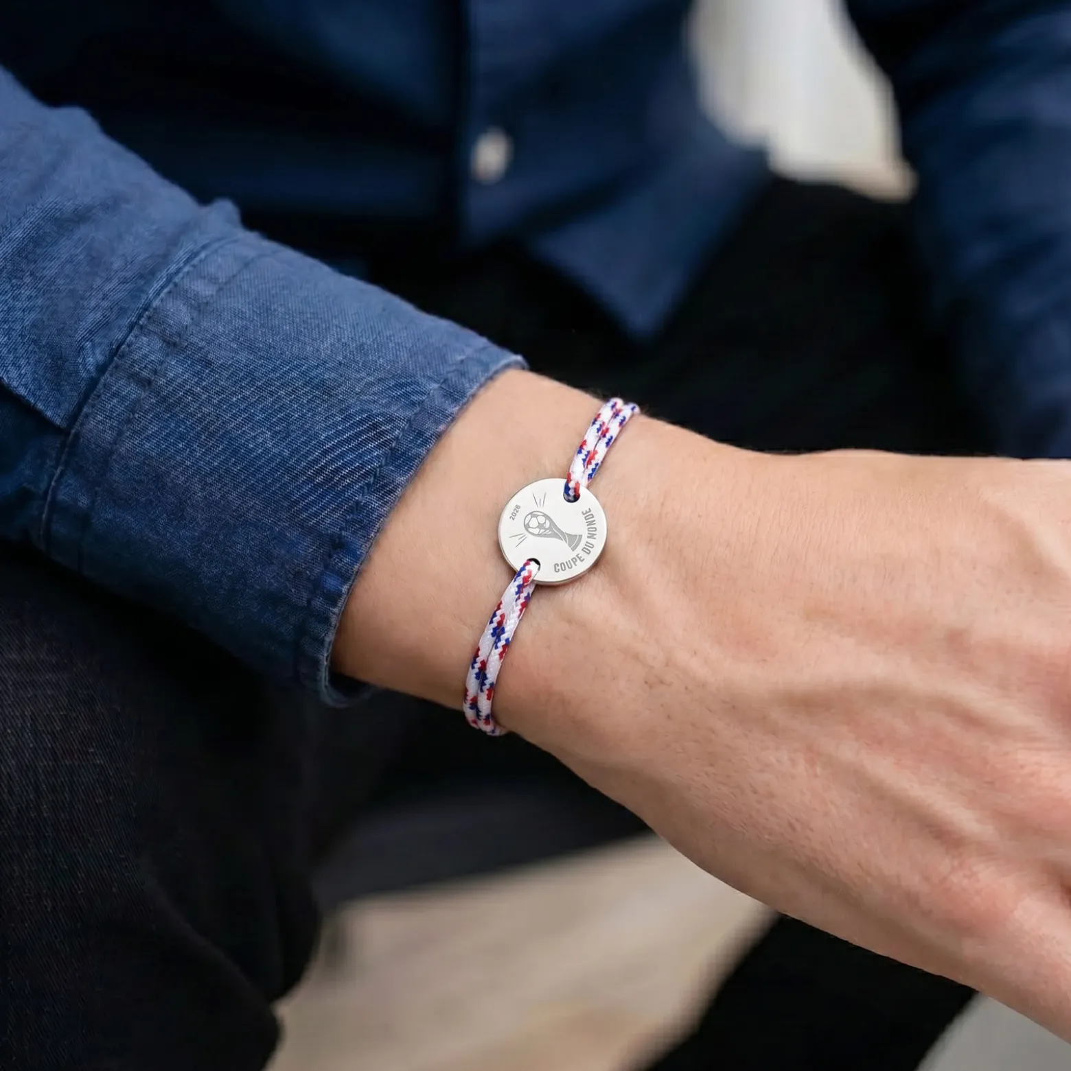 Bracelet homme personnalisé cordage BLEU BLANC ROUGE médaille gravée argent 2 trous 20 mm