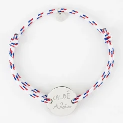 Bracelet homme personnalisé cordage BLEU BLANC ROUGE médaille gravée argent 2 trous 20 mm