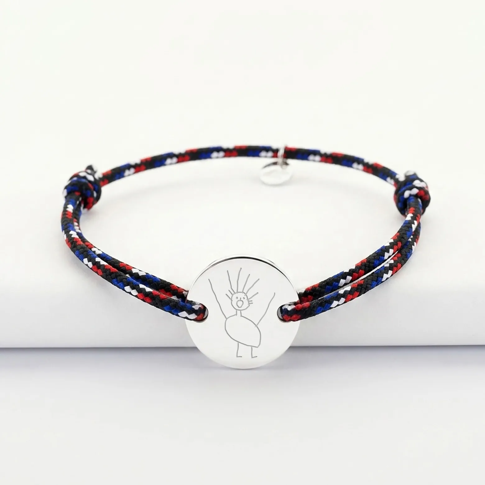 Bracelet homme personnalisé cordage BLEU BLANC ROUGE médaille gravée argent 2 trous 20 mm