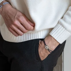 Bracelet homme personnalisé cordage marin simple médaille gravée argent ovale 25x16 mm