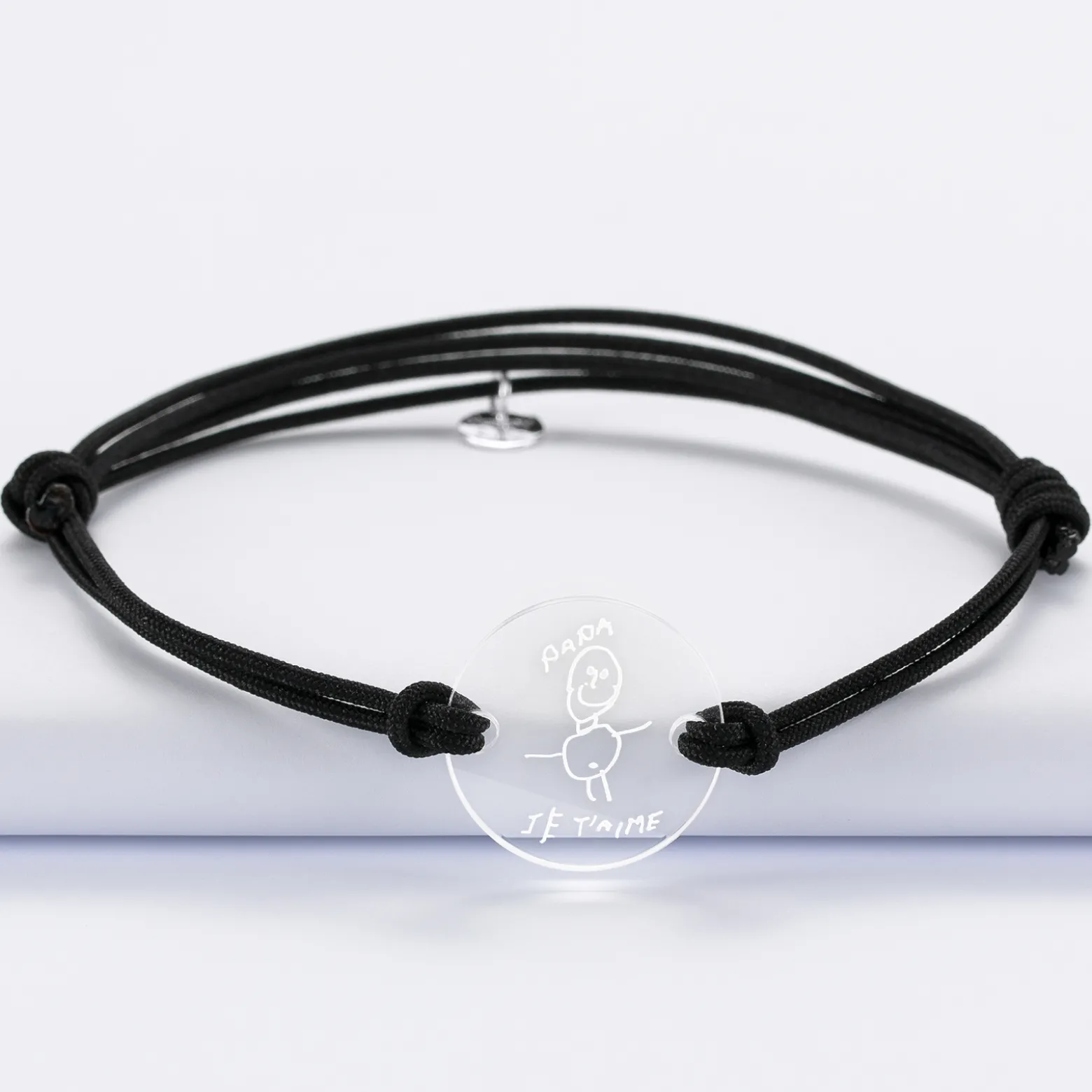 Bracelet homme personnalisé cordon double médaille gravée acrylique ronde 2 trous 21 mm