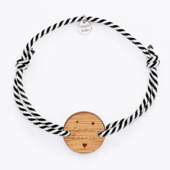 Bracelet homme personnalisé cordon marin tressé médaille gravée bois ronde 2 trous 21 mm