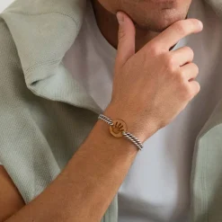Bracelet homme personnalisé cordon marin tressé médaille gravée bois ronde 2 trous 21 mm