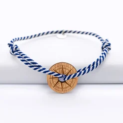 Bracelet homme personnalisé cordon marin tressé médaille gravée bois cible ronde 21 mm - Edition spéciale Rose des vents
