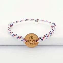 Bracelet homme personnalisé cordage BLEU BLANC ROUGE médaille gravée bois ronde 2 trous 21 mm