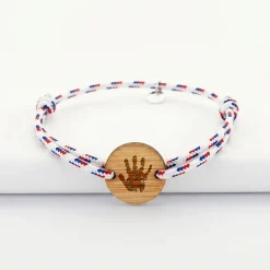 Bracelet homme personnalisé cordage BLEU BLANC ROUGE médaille gravée bois ronde 2 trous 21 mm