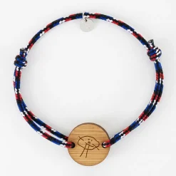 Bracelet homme personnalisé cordage BLEU BLANC ROUGE médaille gravée bois ronde 2 trous 21 mm