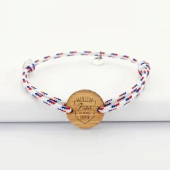 Bracelet homme personnalisé cordage BLEU BLANC ROUGE médaille gravée bois ronde 2 trous 21 mm